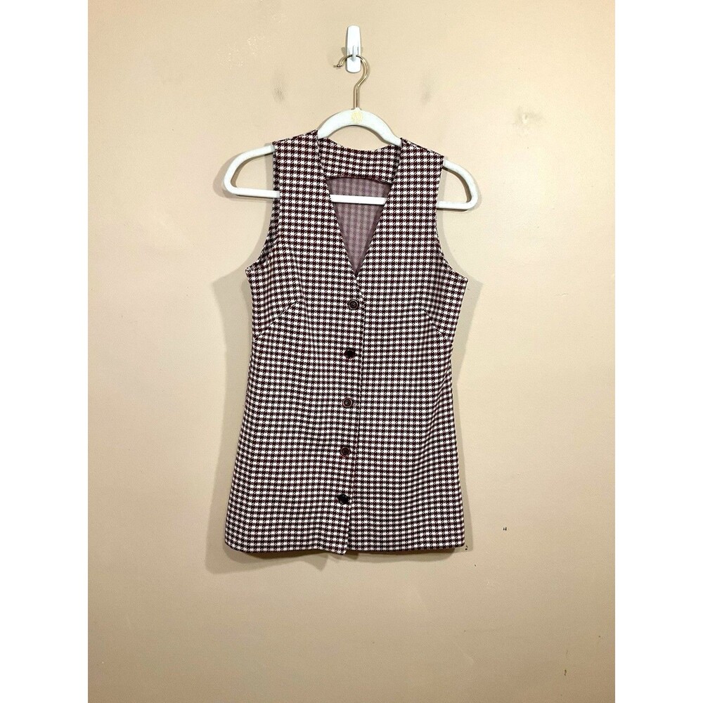 VTG Dutchmaid Womens Houndstooth Button Up Shirt S Maroon 70s Academia Preppy